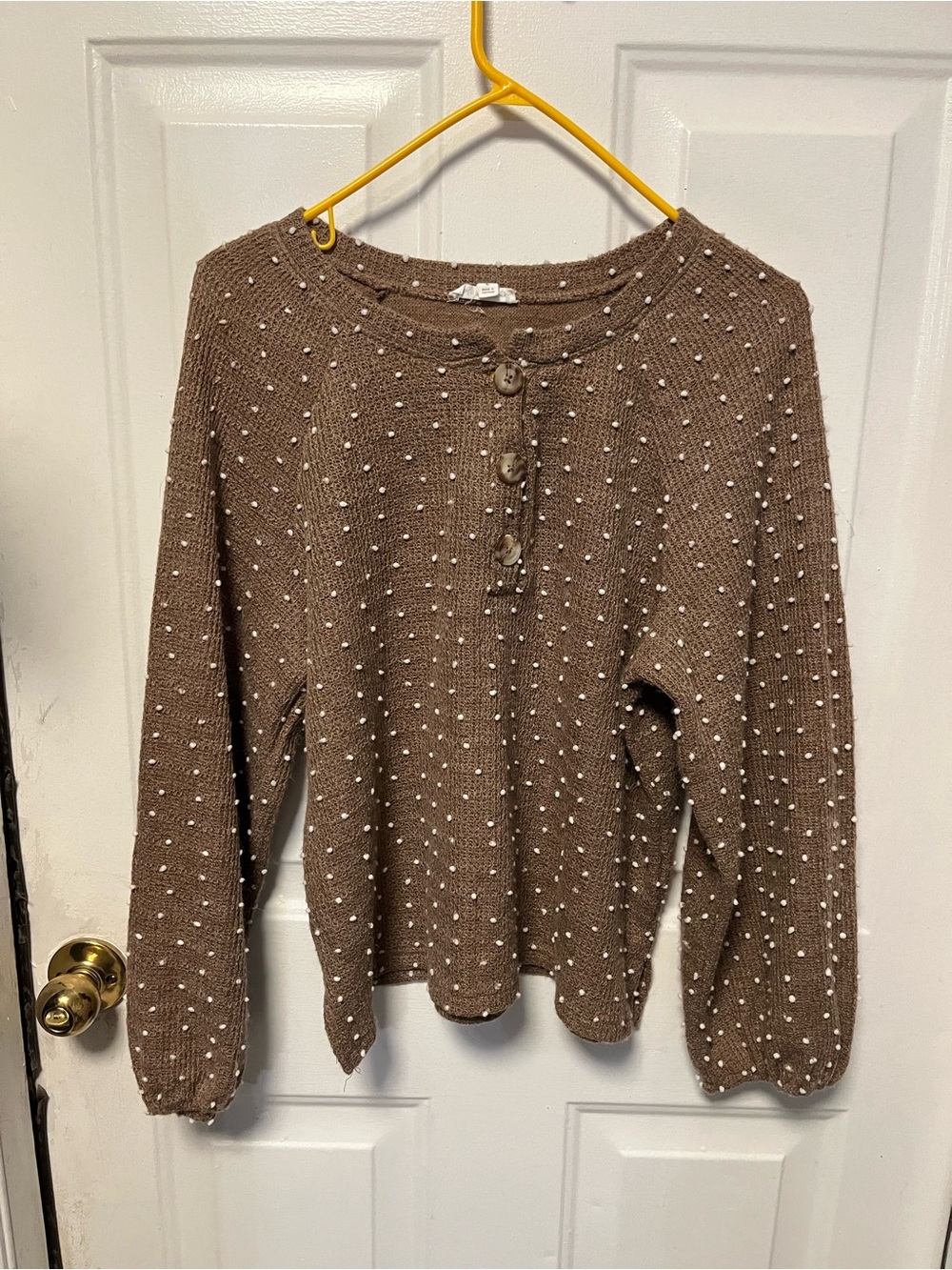 Blu Pepper Brown Knit Henley Sweater with White Dot Texture